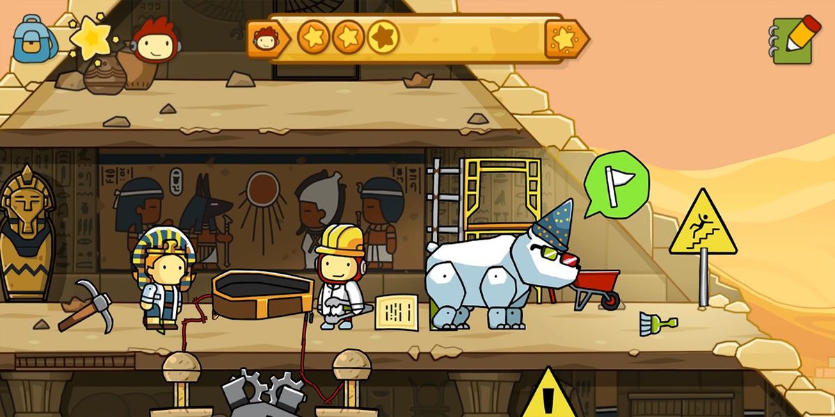 A screenshot of Scribblenauts Unlimited showing an unusual polar bear wearing 3D glasses and a wizard's hat wandering around an ancient Egyptian pyramid