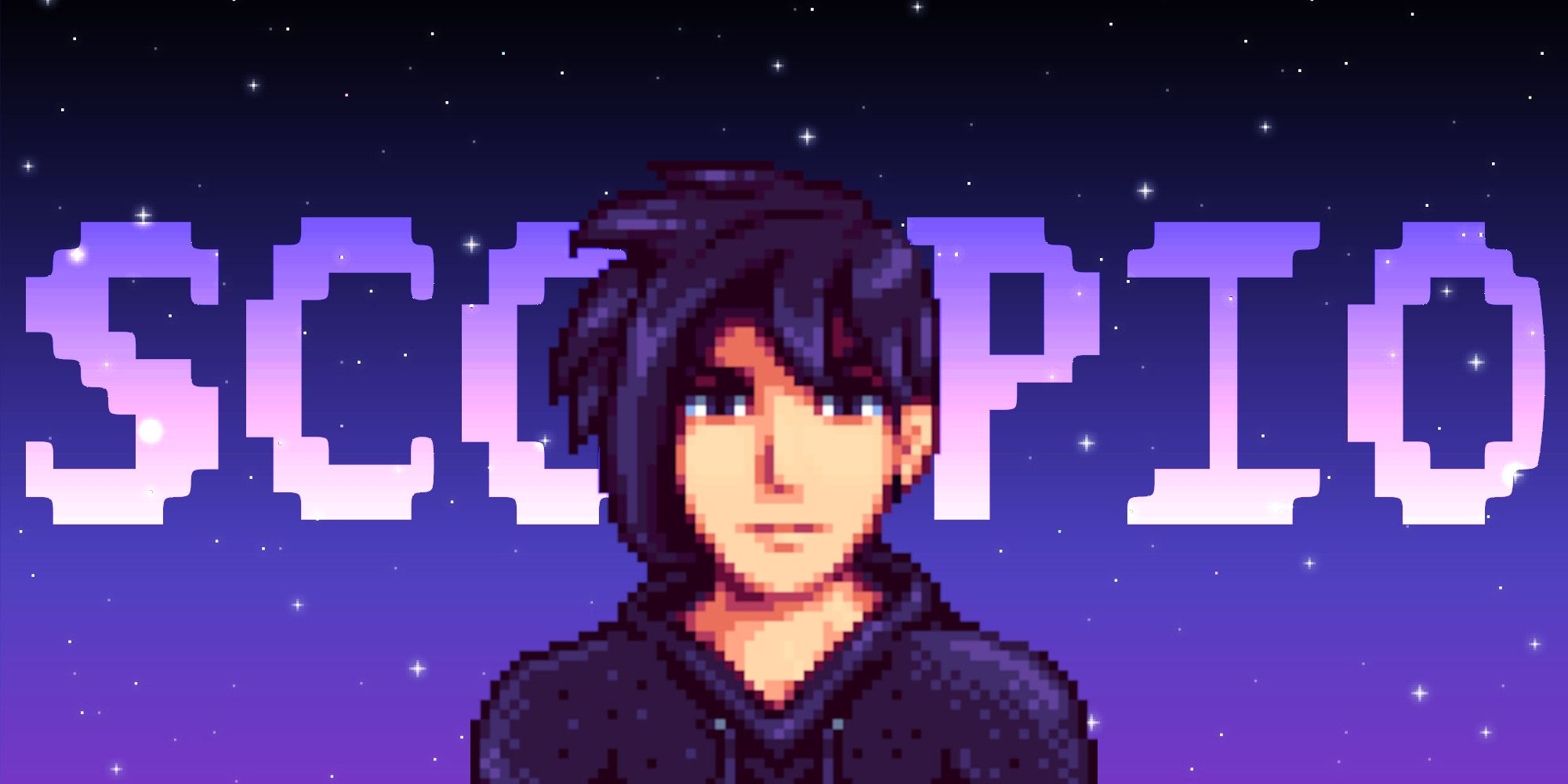 Sebastian from Stardew Valley in front of a pixel star background and text reading %22Scorpio%22
