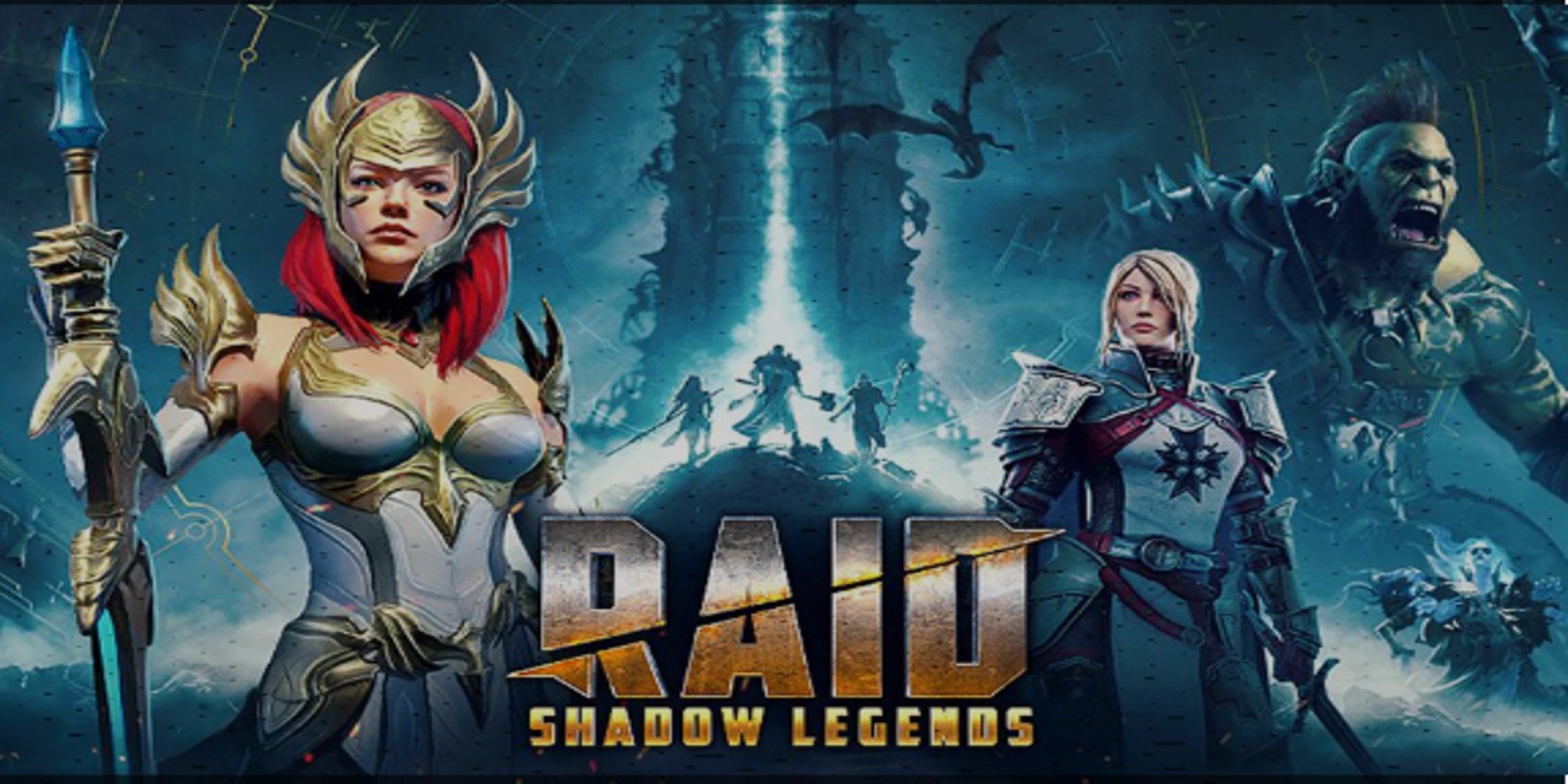 Promotiona art of Raid Shadow Legends showing some characters at front and in the background.