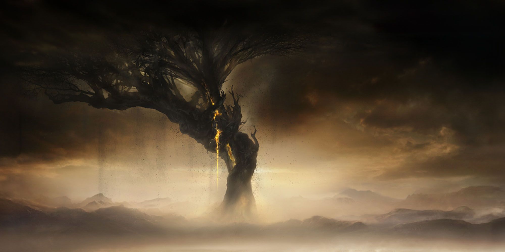 Elden Ring Shadow of the Erdtree promo art showing a giant tangled tree reaching into the clouds