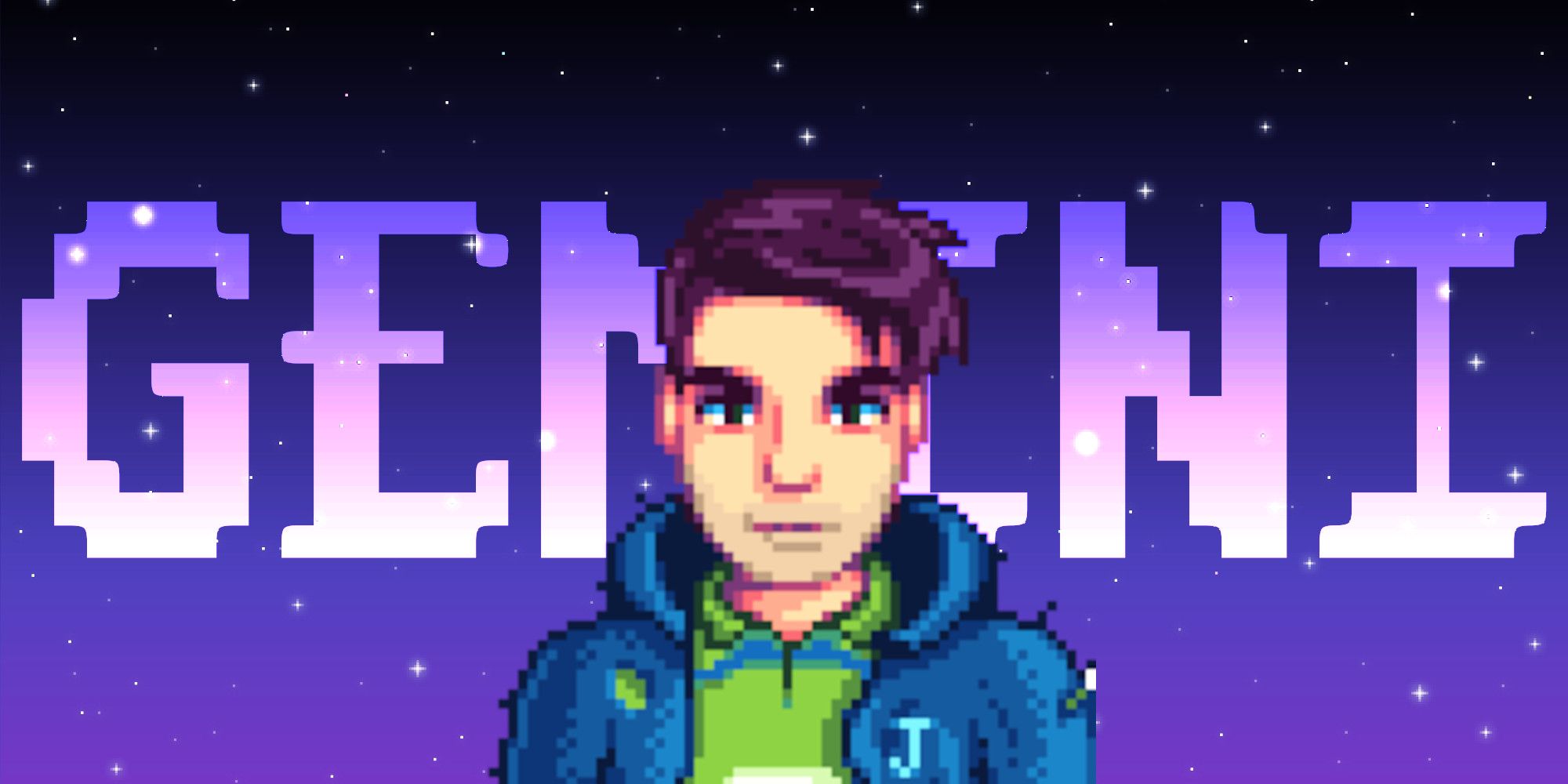 Shane from Stardew Valley in front of a pixel star background and text reading %22Gemini%22