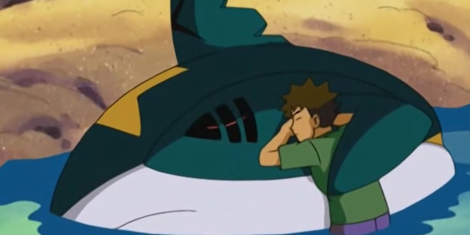 Brock leans against a Sharpedo as it floats in water