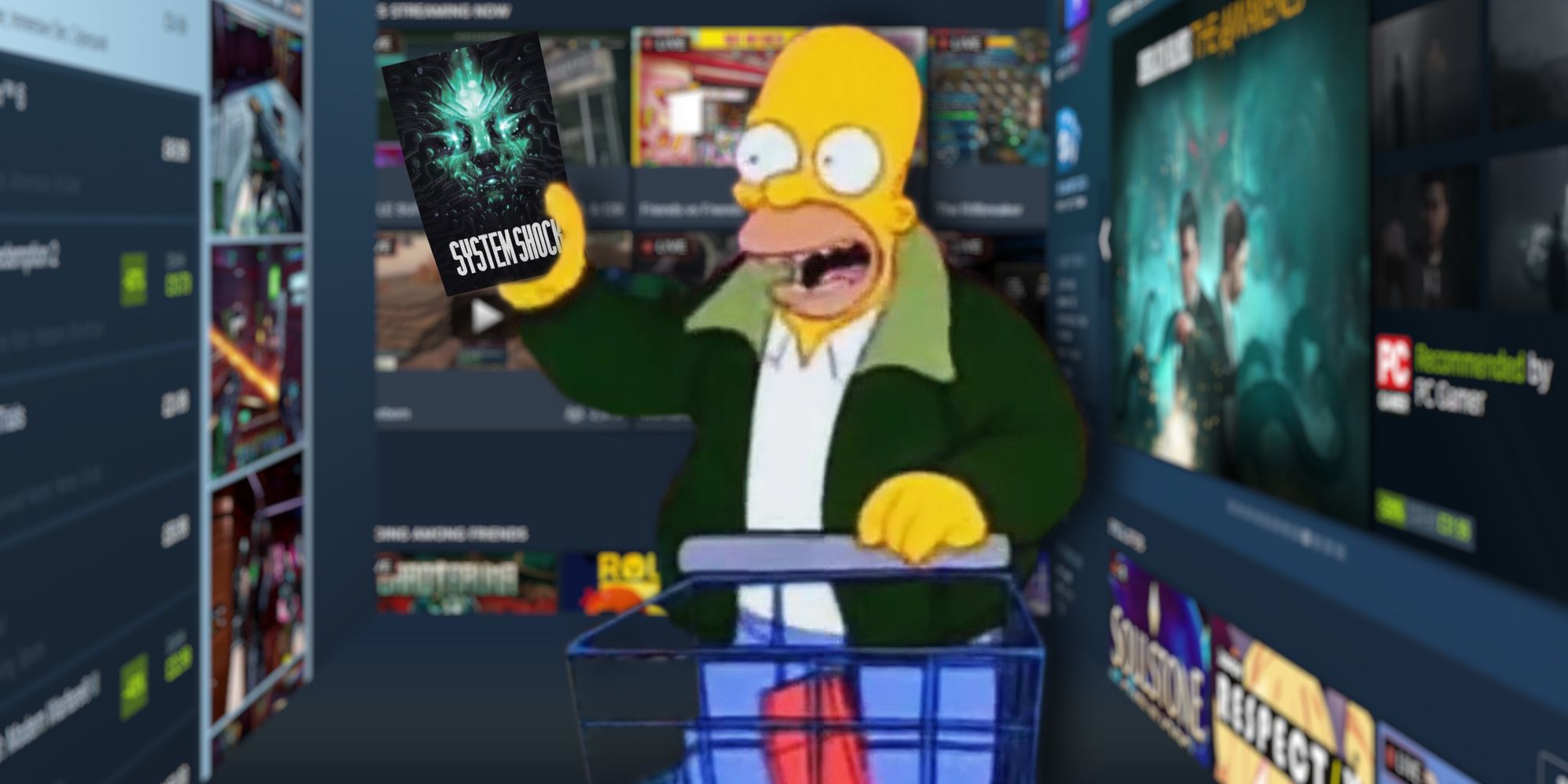 Homer Simpson shopping, holding System Shock, with all the shelves full of Steam sale items