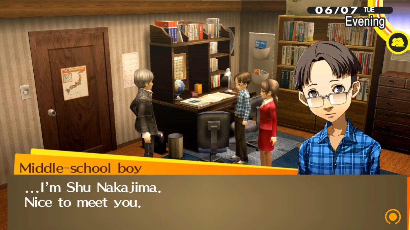 shu nakajima introducing himself to yu with shu's mother in his room for our persona 4 golden shu social link guide