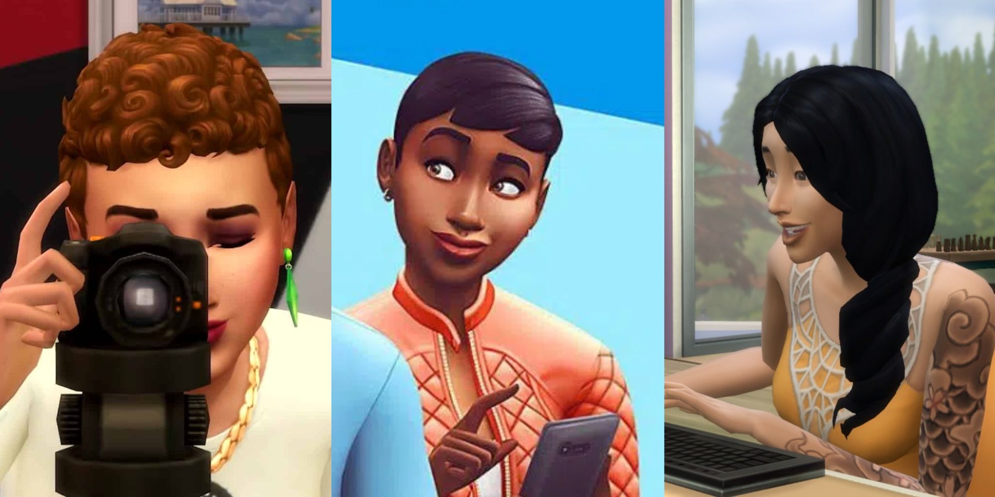 Three Sims using a camera, phone, and computer respectively.