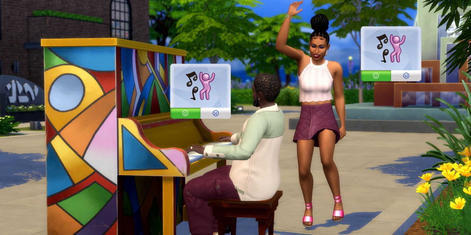 The Sims 4 Growing Together A Sim playing an upright piano on the street