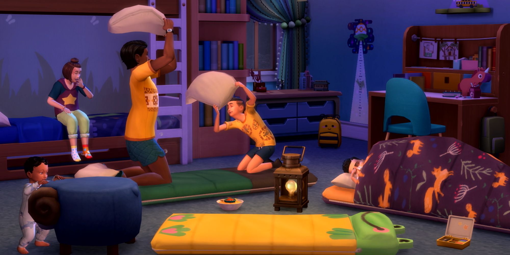 Sims 4 Growing Together sleepover with sleeping bags and children of all ages