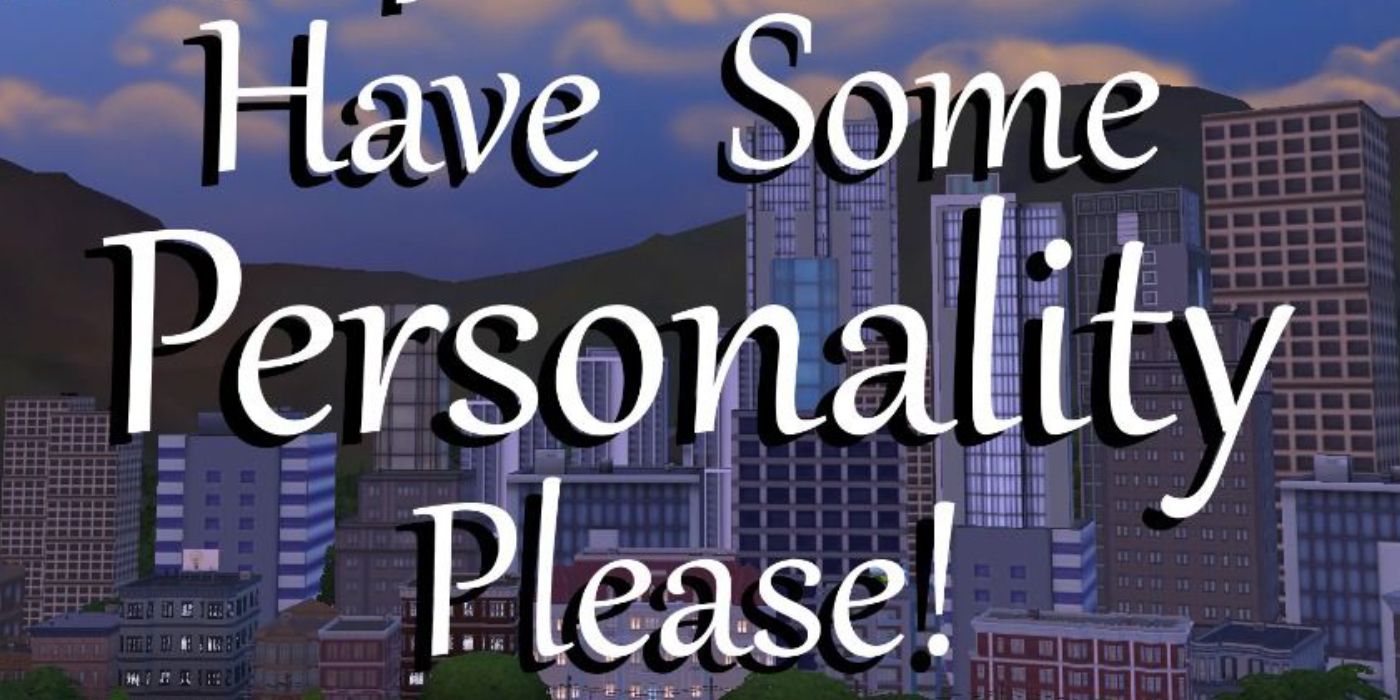 Sims 4 Have Some Personality Please Logo on city background