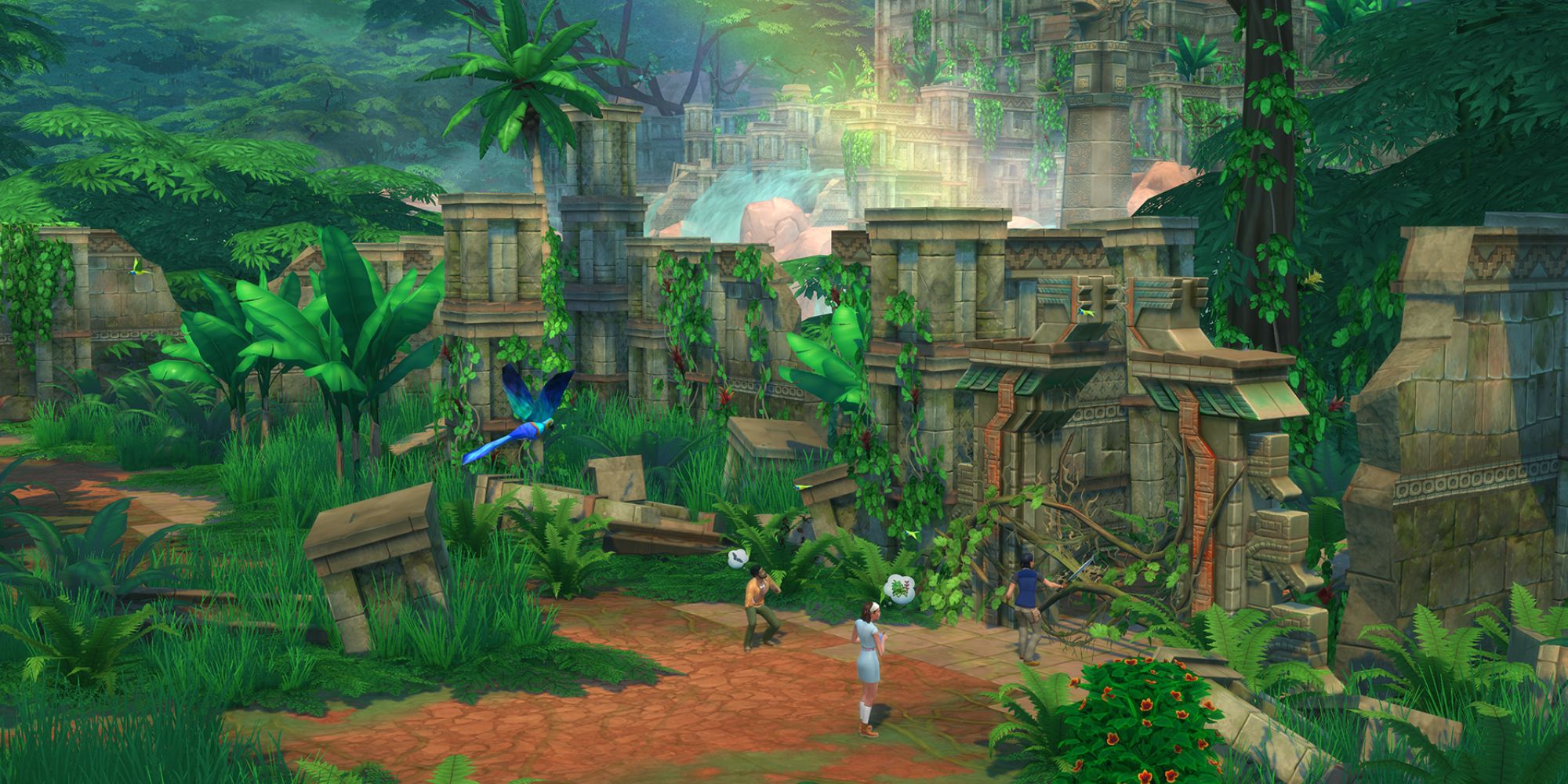 Weitwinkelaufnahme des Tempels von Sims 4 Jungle Adventure