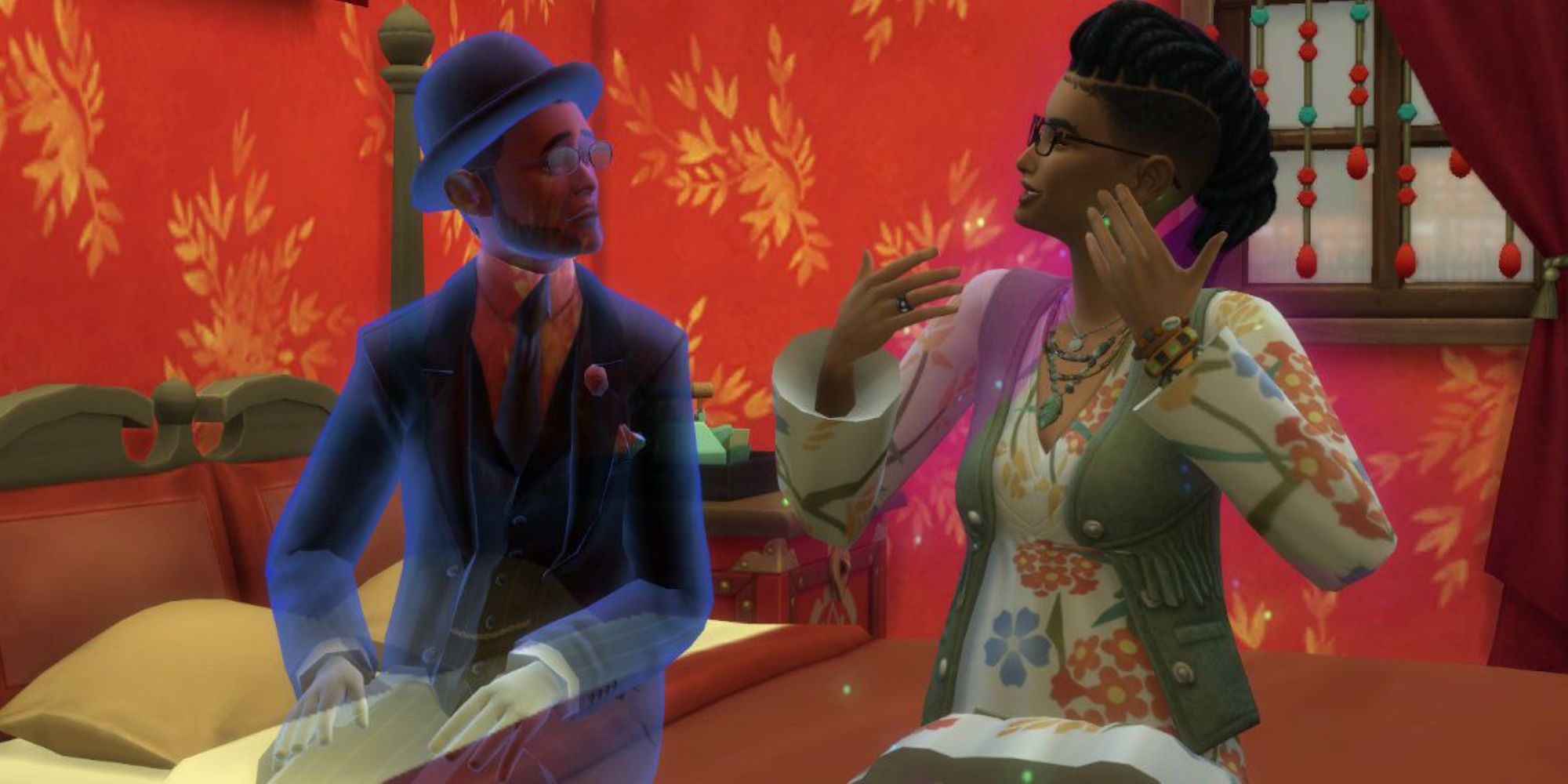 Sims 4 paranormal stuff female sim chatting to a well dressed male ghost