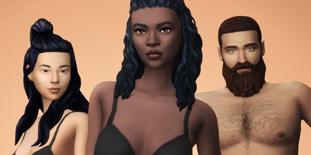 Three Sims with different skin colors of the same skin look at the camera