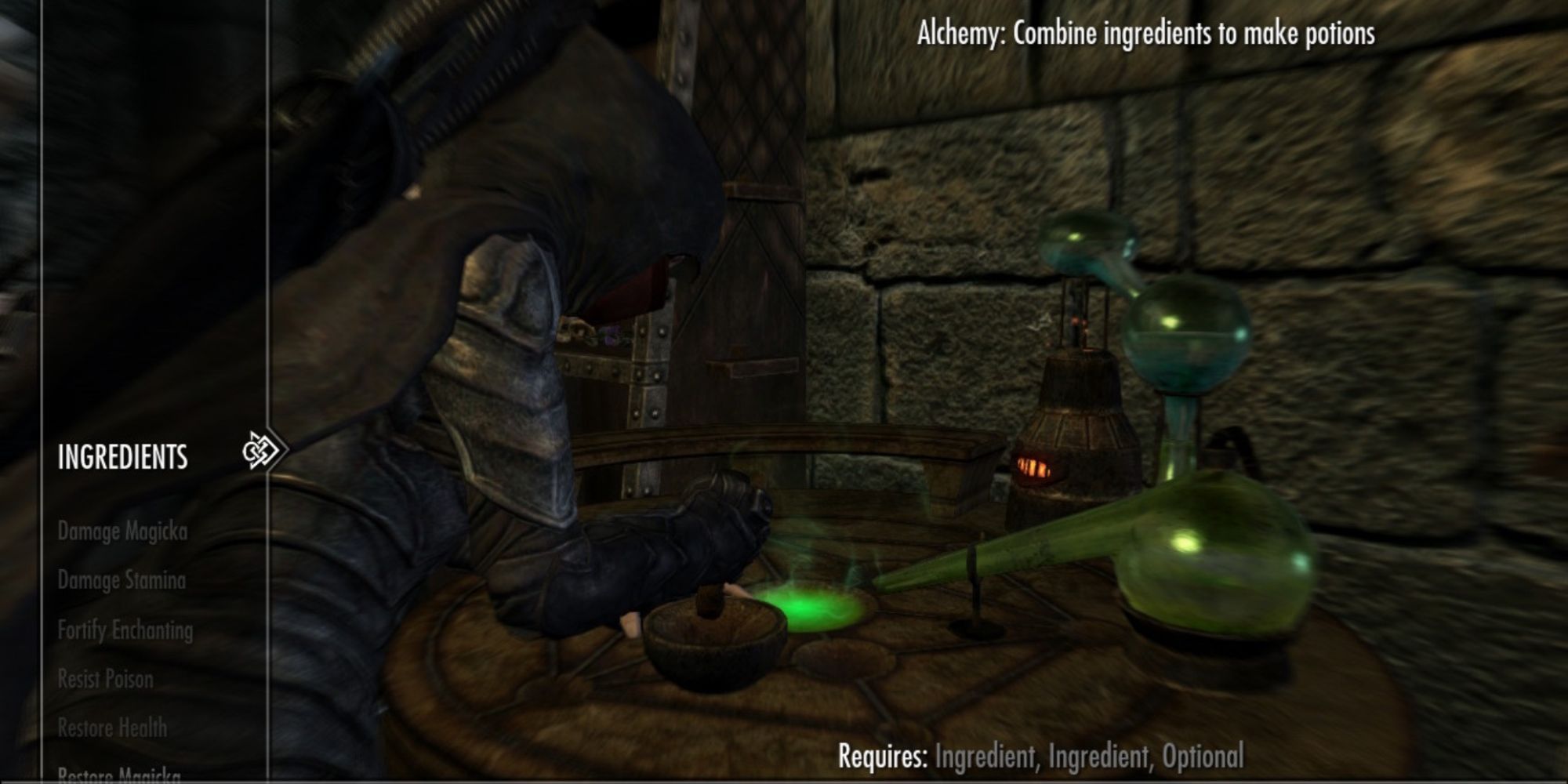 A screenshot of the Ingredients window and a character mixing the ingredients into a potion.