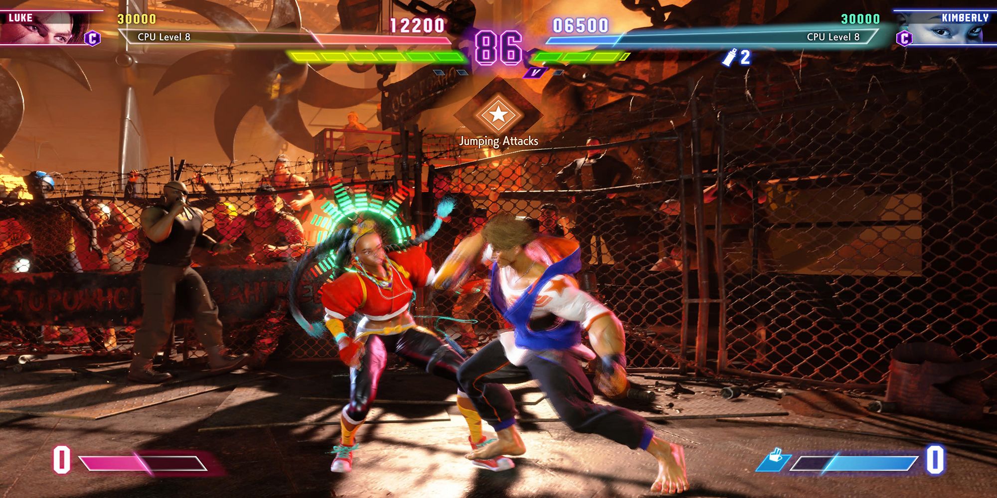 Luke and Kimberly trade blows during a Smash And Grab match at Barmaley Steelworks in Street Fighter 6.