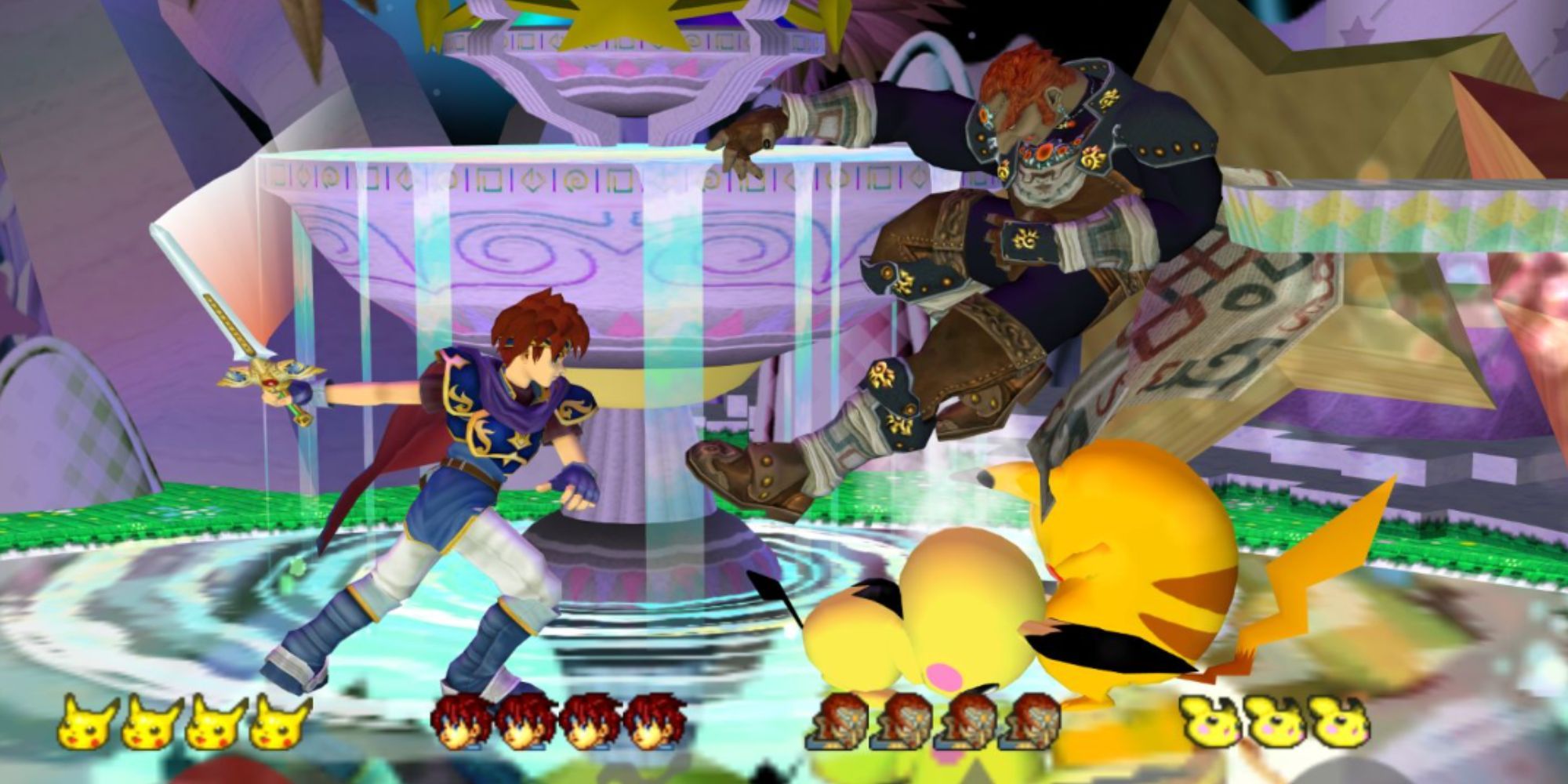 Four characters fighting in Super Smash Bros. Melee