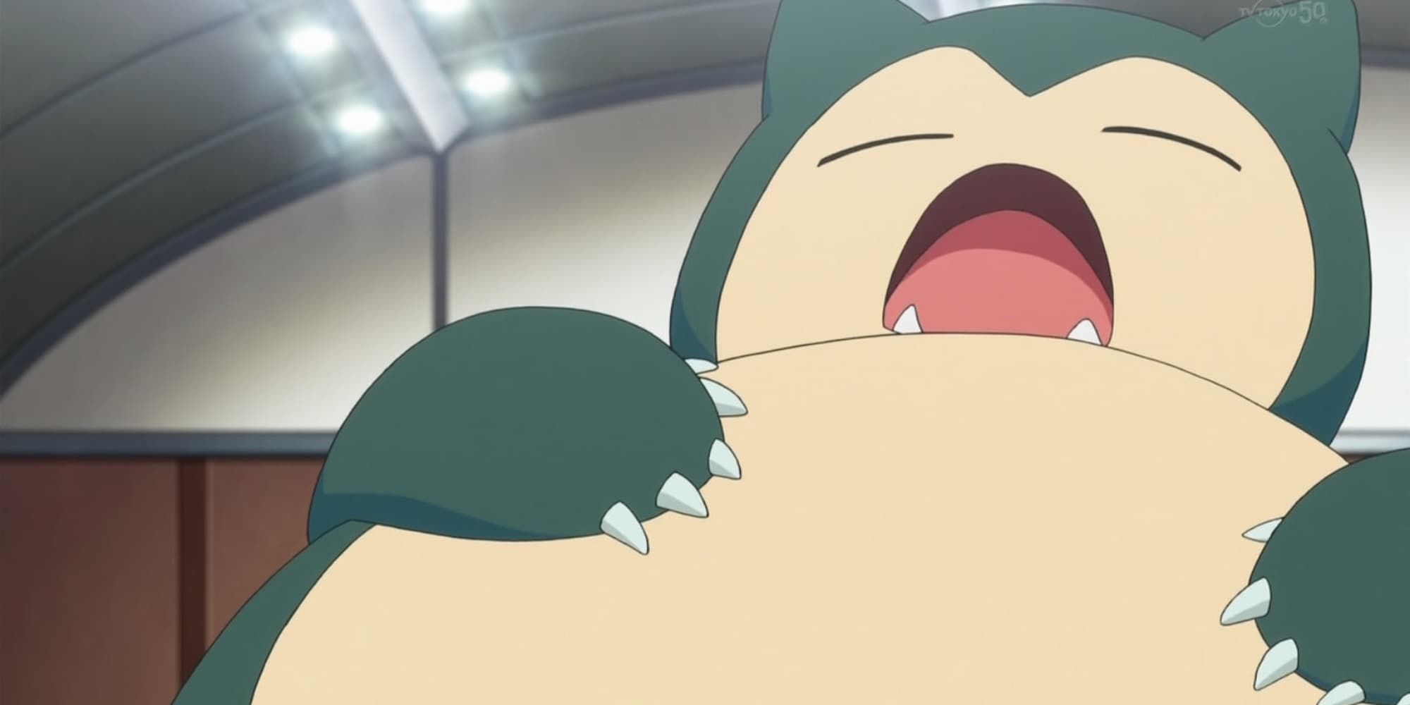 Snorlax holds its belly and yawns in Pokemon.