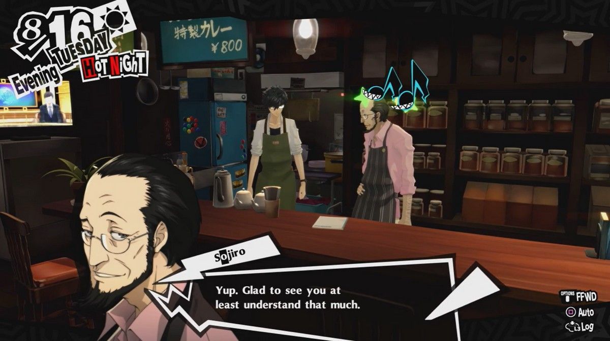 sojiro complimenting joker while they make coffee together for our persona 5 royal article on our sojiro confidant guide