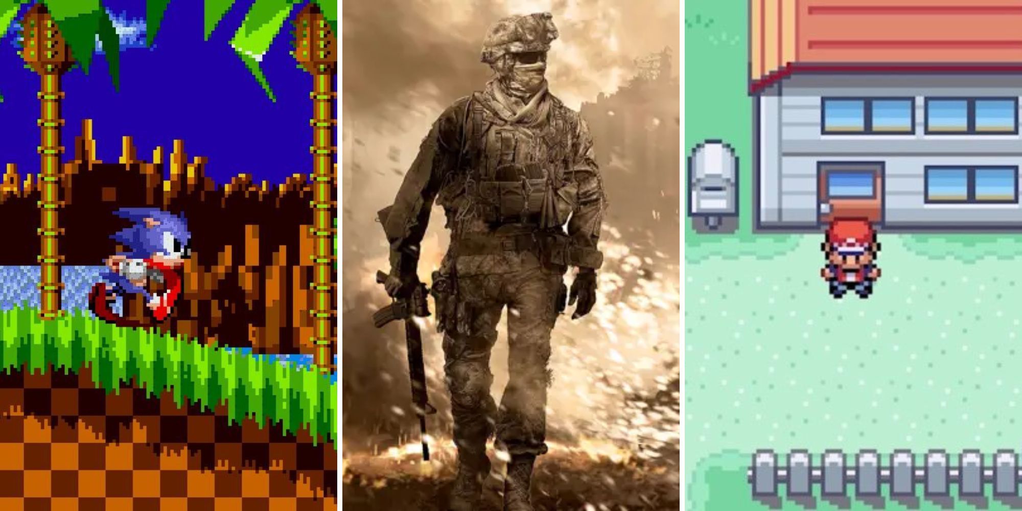 Sonic runs down a hill, a soldier walks through a battlefield, a Pokemon Trainer stands outside a house