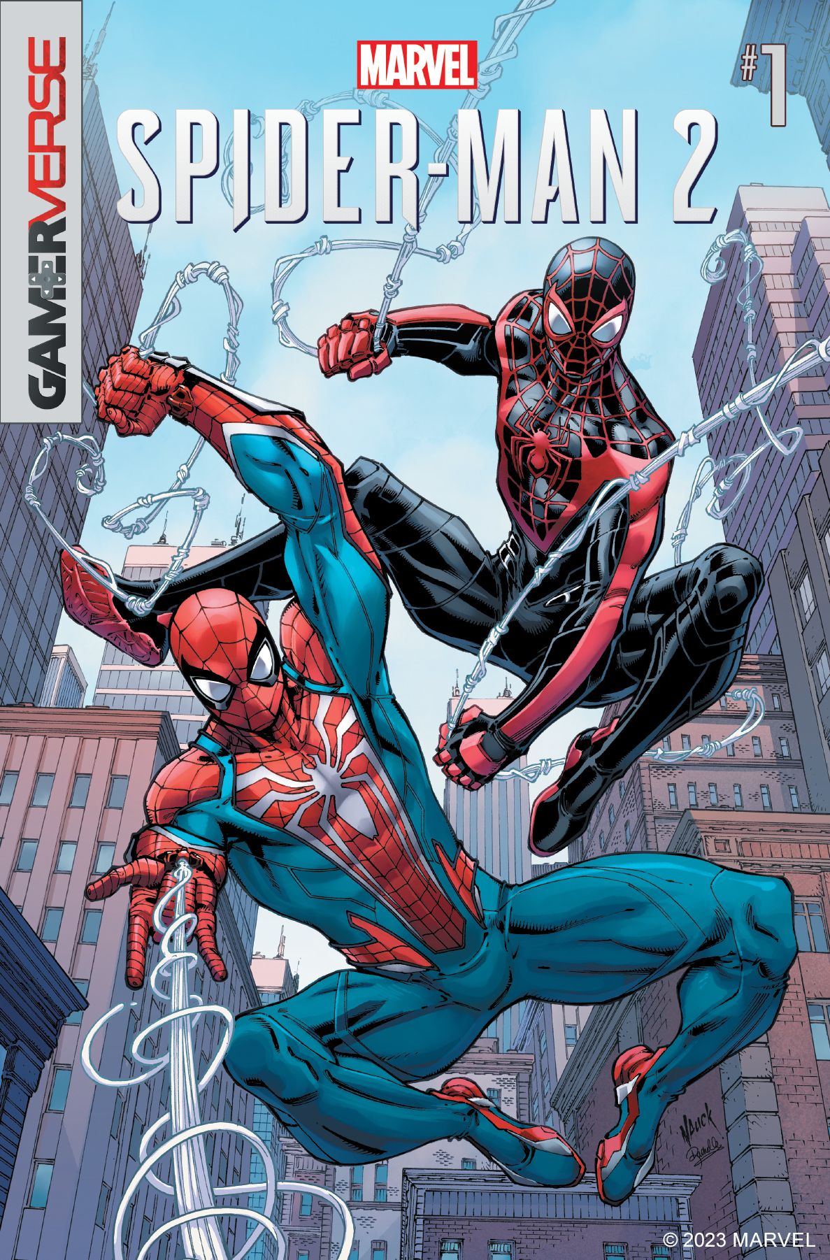 Spider-Man 2 comic showing Peter Parker and Miles Morales swinging through New York City