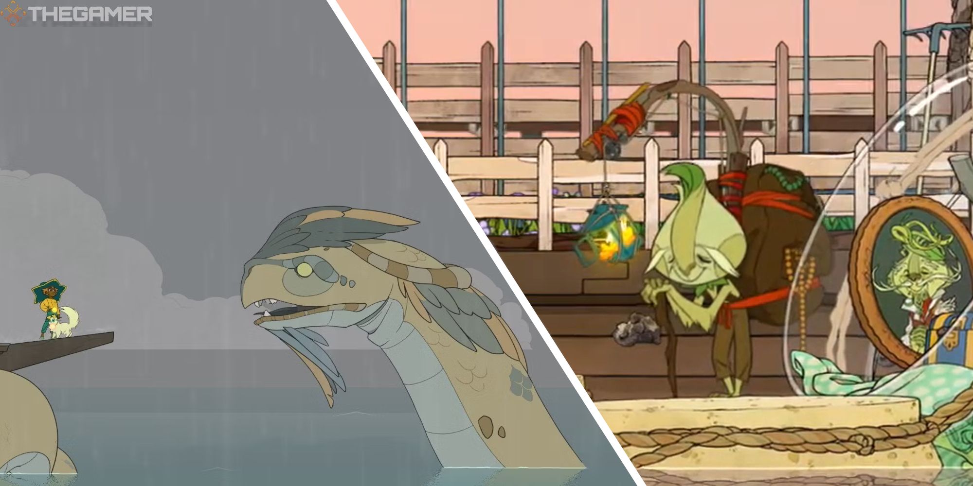 split image showing stella at a sea dragon next to image of francis the trader
