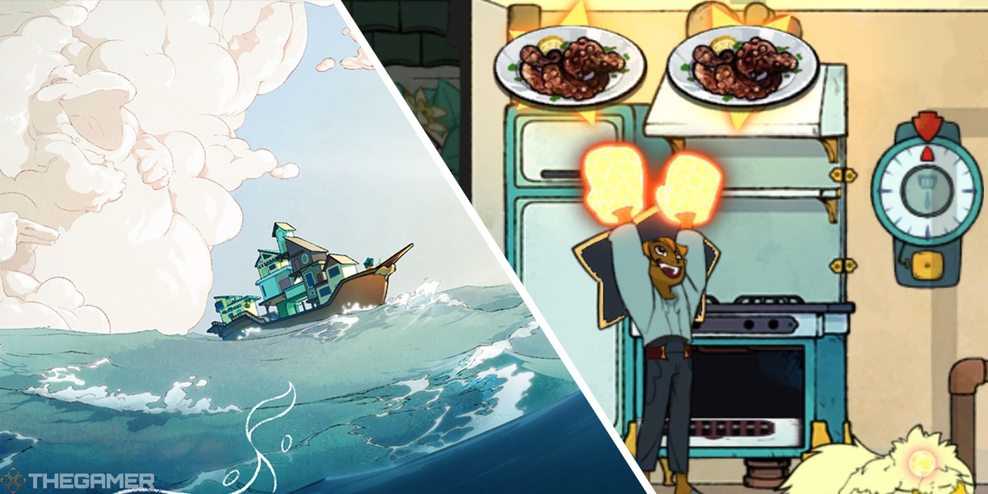split imag showing promotional art of boat in water, next to image of stella cooking
