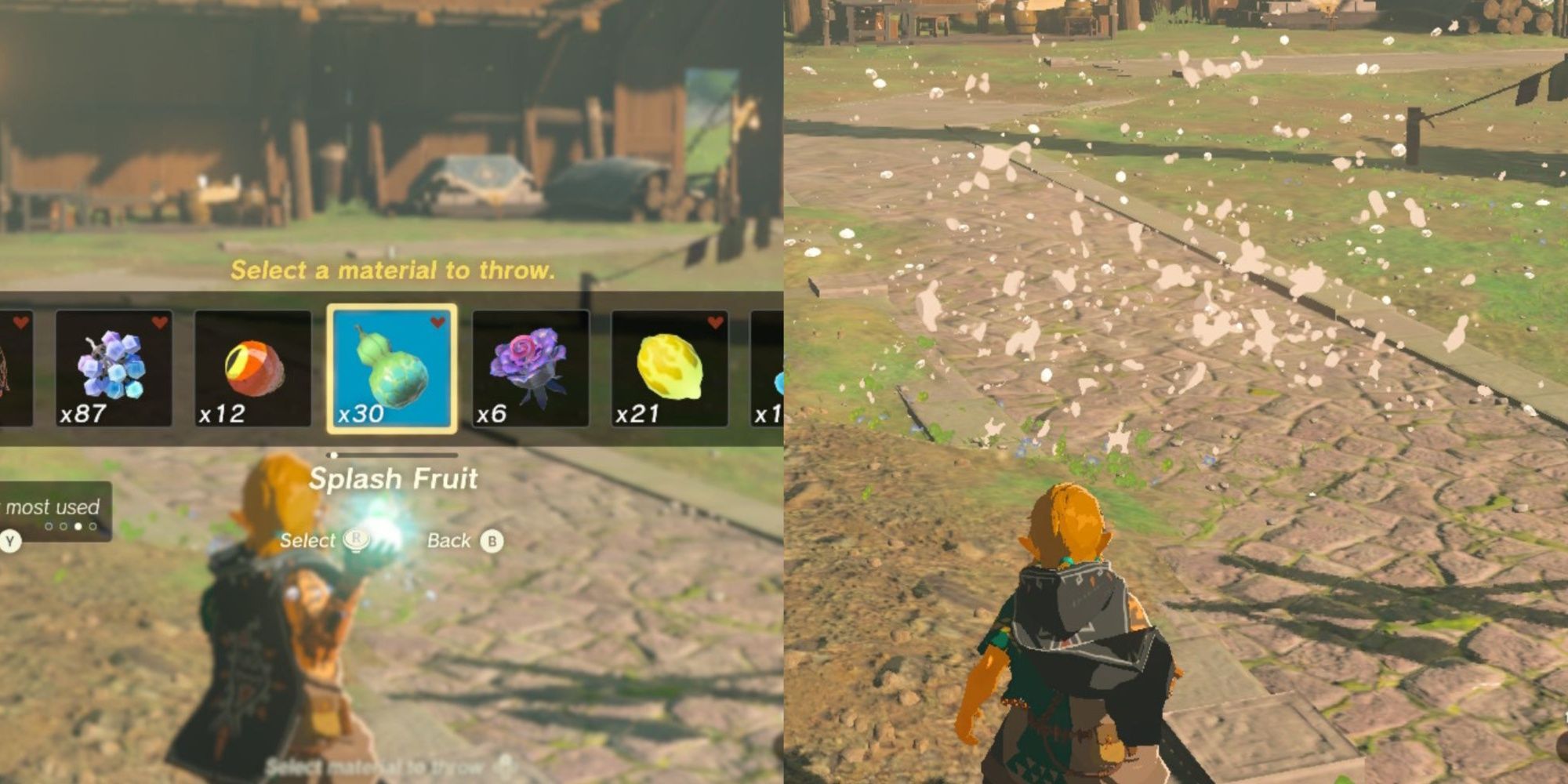 A split image of the item menu and the link that throws the splash fruit