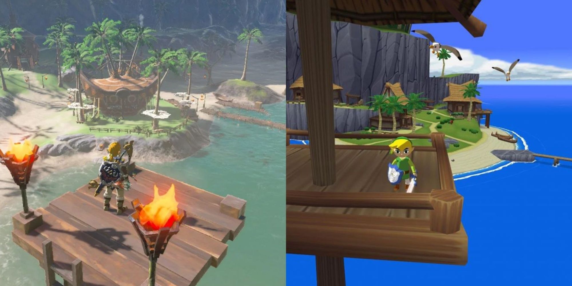 Split image of Lurelin Village in BOTW and Outset Island in The Wind Waker
