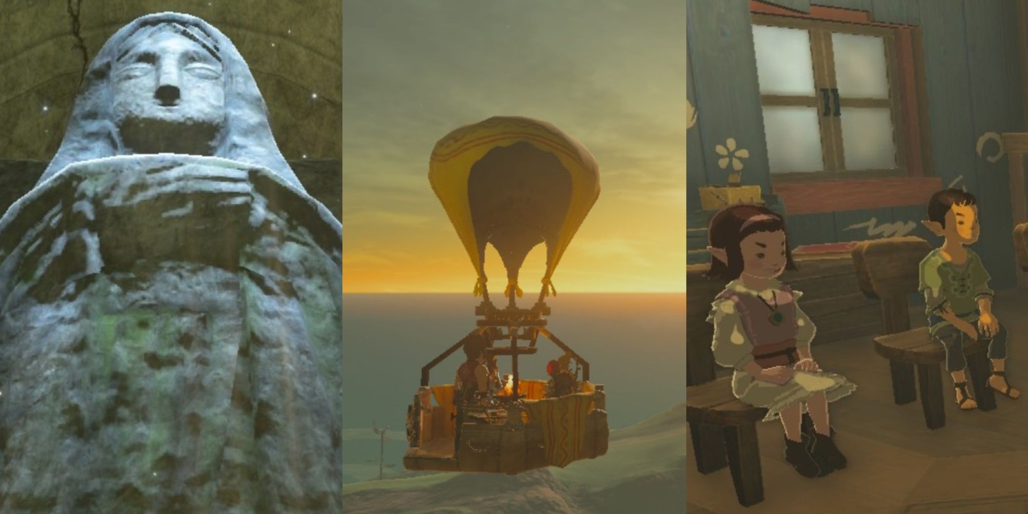 Split image of the Mother Goddess Statue, Link and NPCs in a hot air balloon, and children in the school in Tears of the Kingdom.