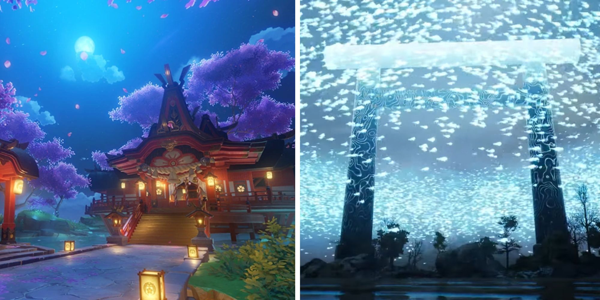 Best Shrines in Video Games featuring the Grand Narukami Shrine from Genshin Impact and the final shrine from Ghostwire: Tokyo
