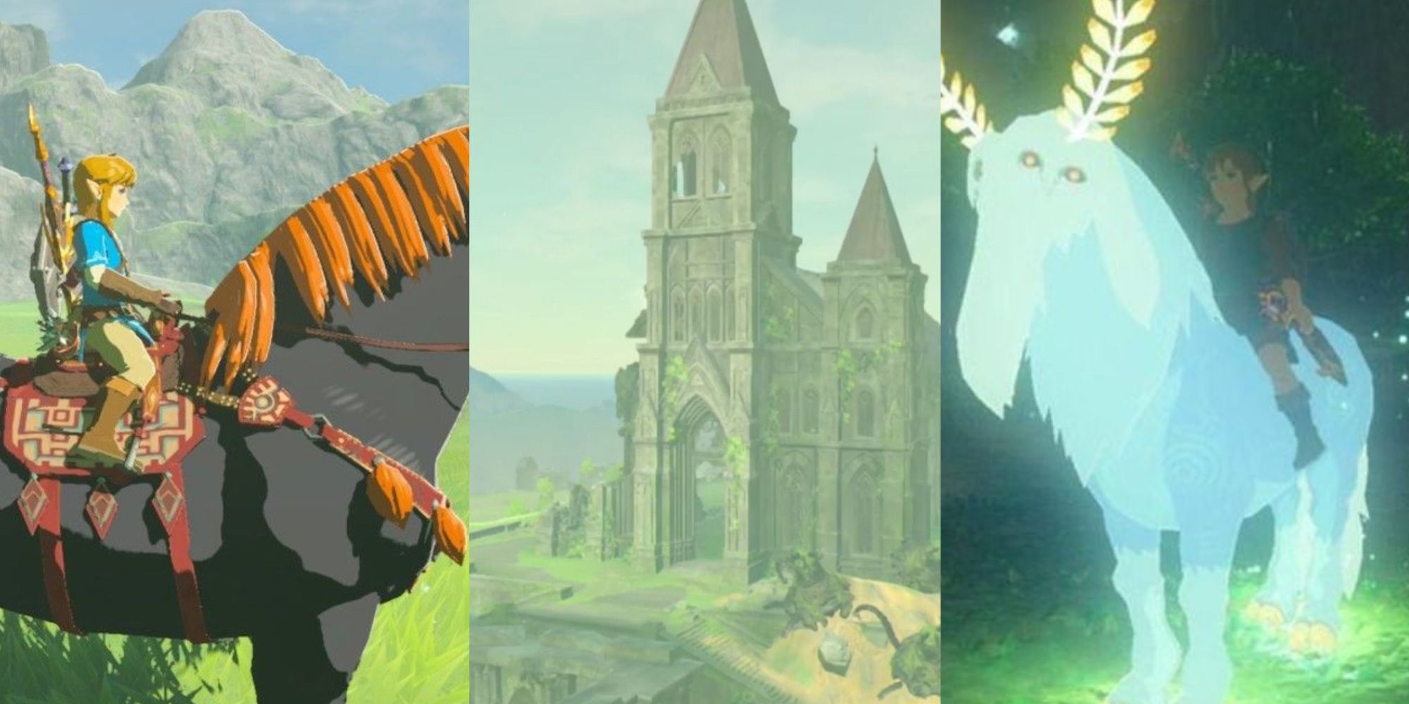 Split image screenshots of Link riding Ganon's horse, the Temple of Time, and Link riding the Lord of the Mountain in BOTW