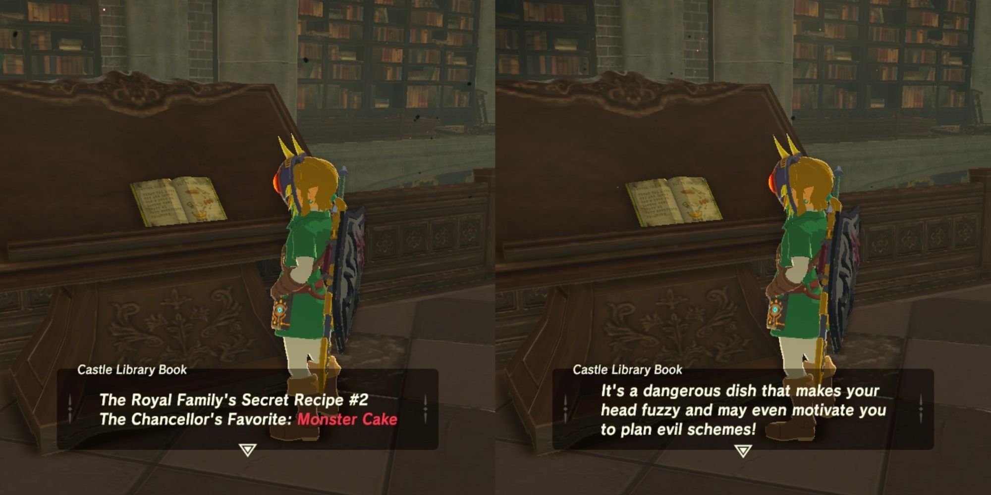 Split images of Link reading the Monster Cake recipe in Hyrule Castle in BOTW