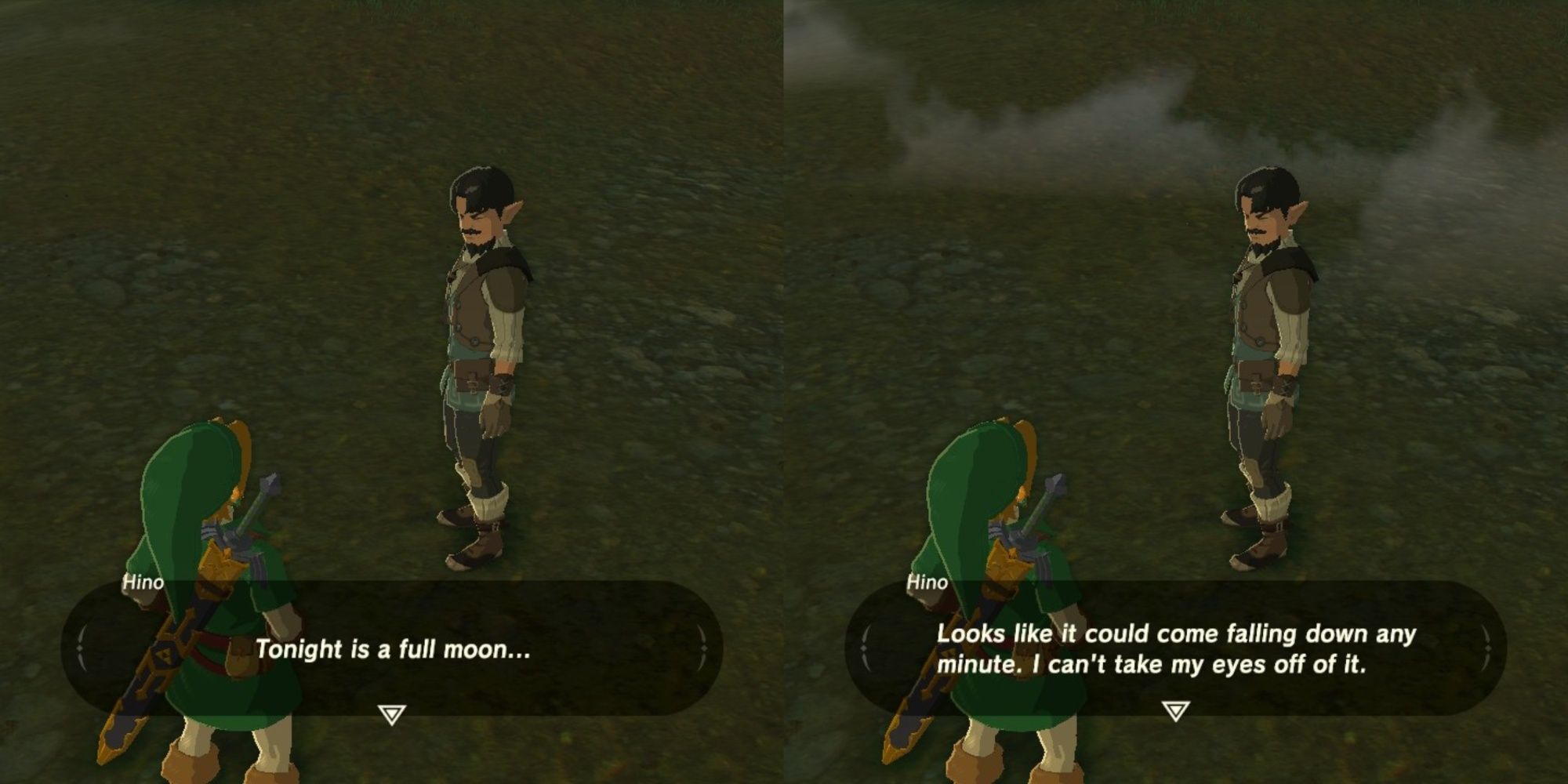 Split images of Link speaking to Hino who tells him about the full moon in BOTW