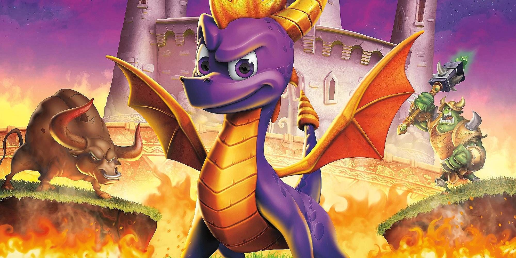 In Spyro the Dragon, a purple dragon stands in front of a fiery environment, behind which stands a bull and an armored orc.