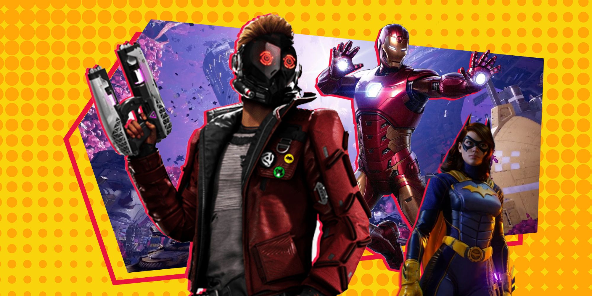 star-lord, iron man, and batgirl from guardians of the galaxy, marvel's avengers, and gotham knights