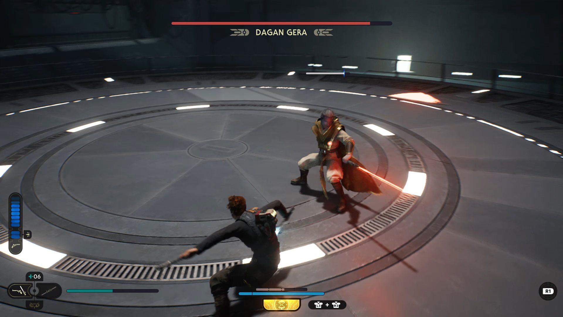 Star Wars Jedi Survivor, Cal dodging Dagan's thrust attack