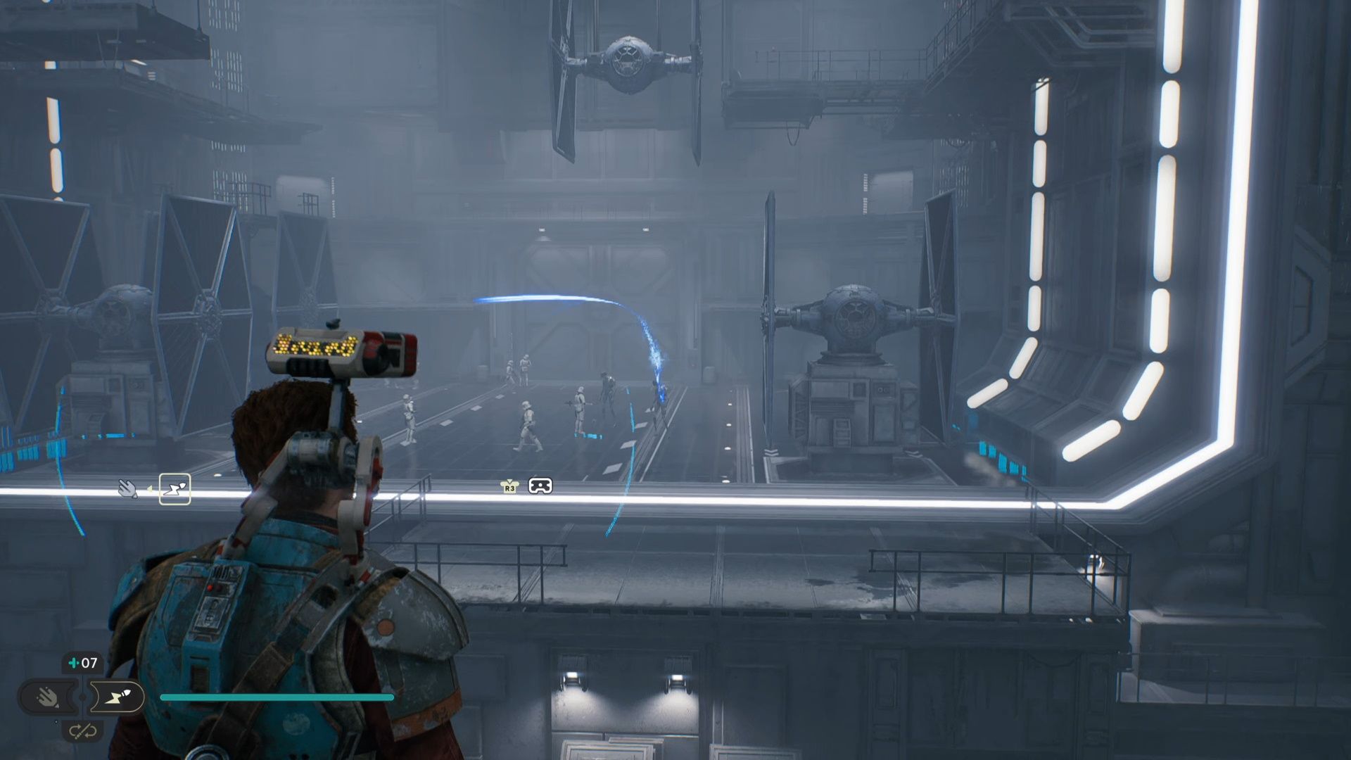 Star Wars Jedi Survivor, Fogged Expanse, Cal firing an Electro Dart at the Security Droid
