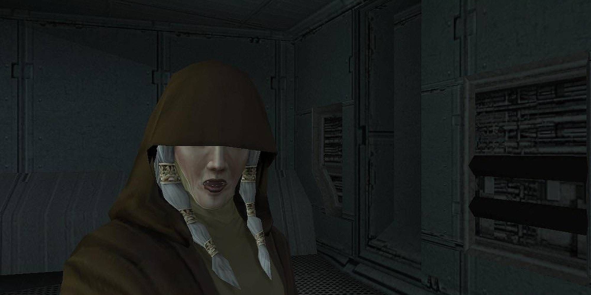 The hooded woman Kreia from Star Wars stands in a spaceship