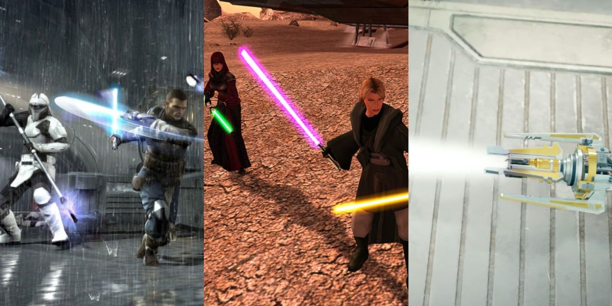 A collage of three different Star Wars games with lightsaber customization.