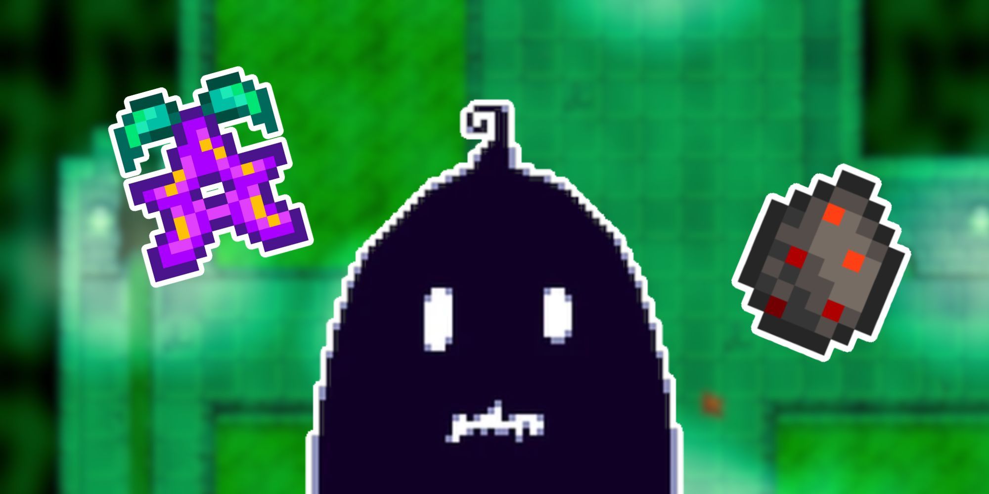 Stardew Valley's Krobus, a Stardrop, and a Void Egg with a sewer blurred background