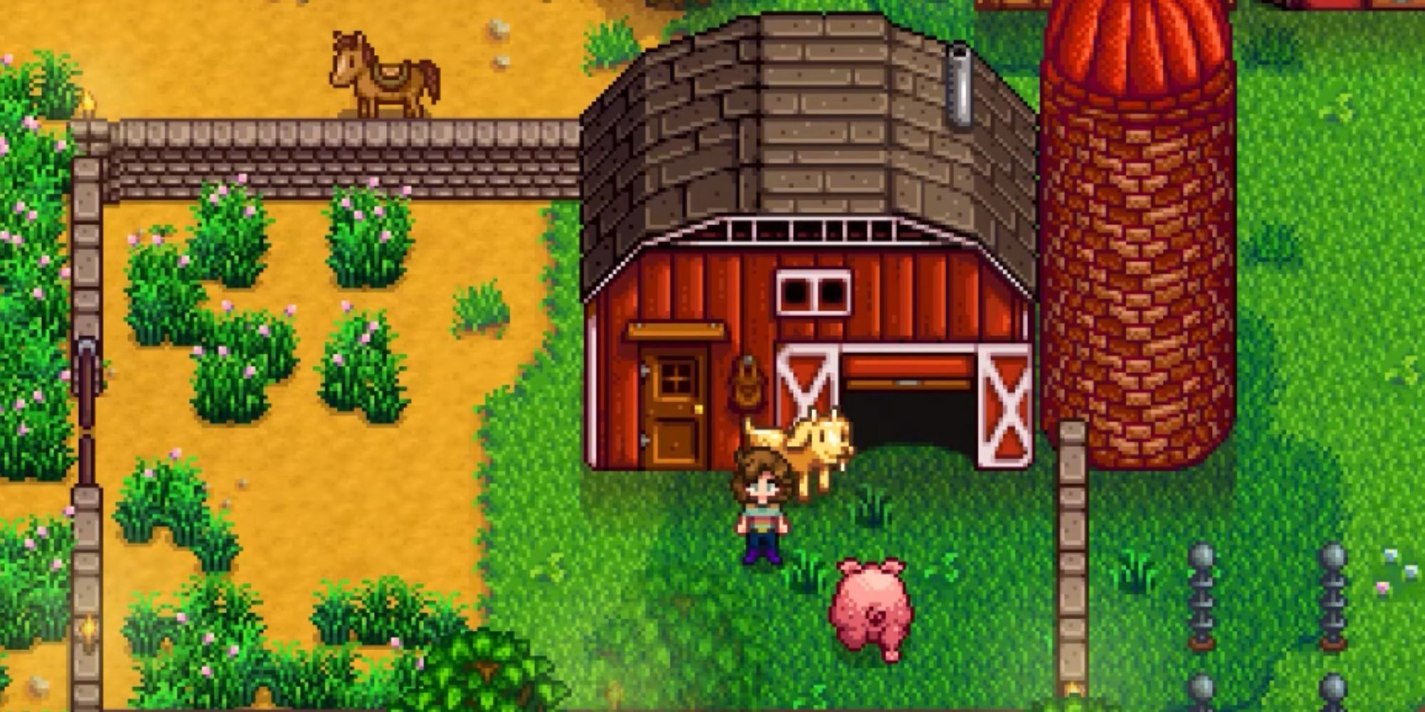 Stardew Valley Deluxe Barn in summer with a goat and a pig