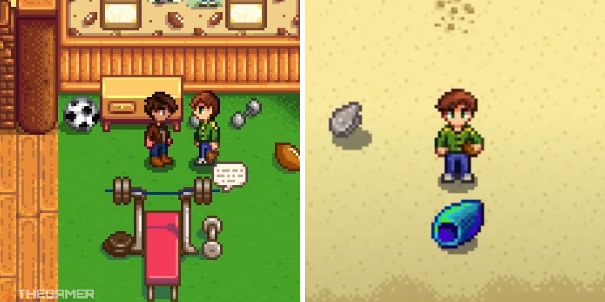 split image showing player in alex's spouse room, next to image of alex on the beach near a rainbow shell
