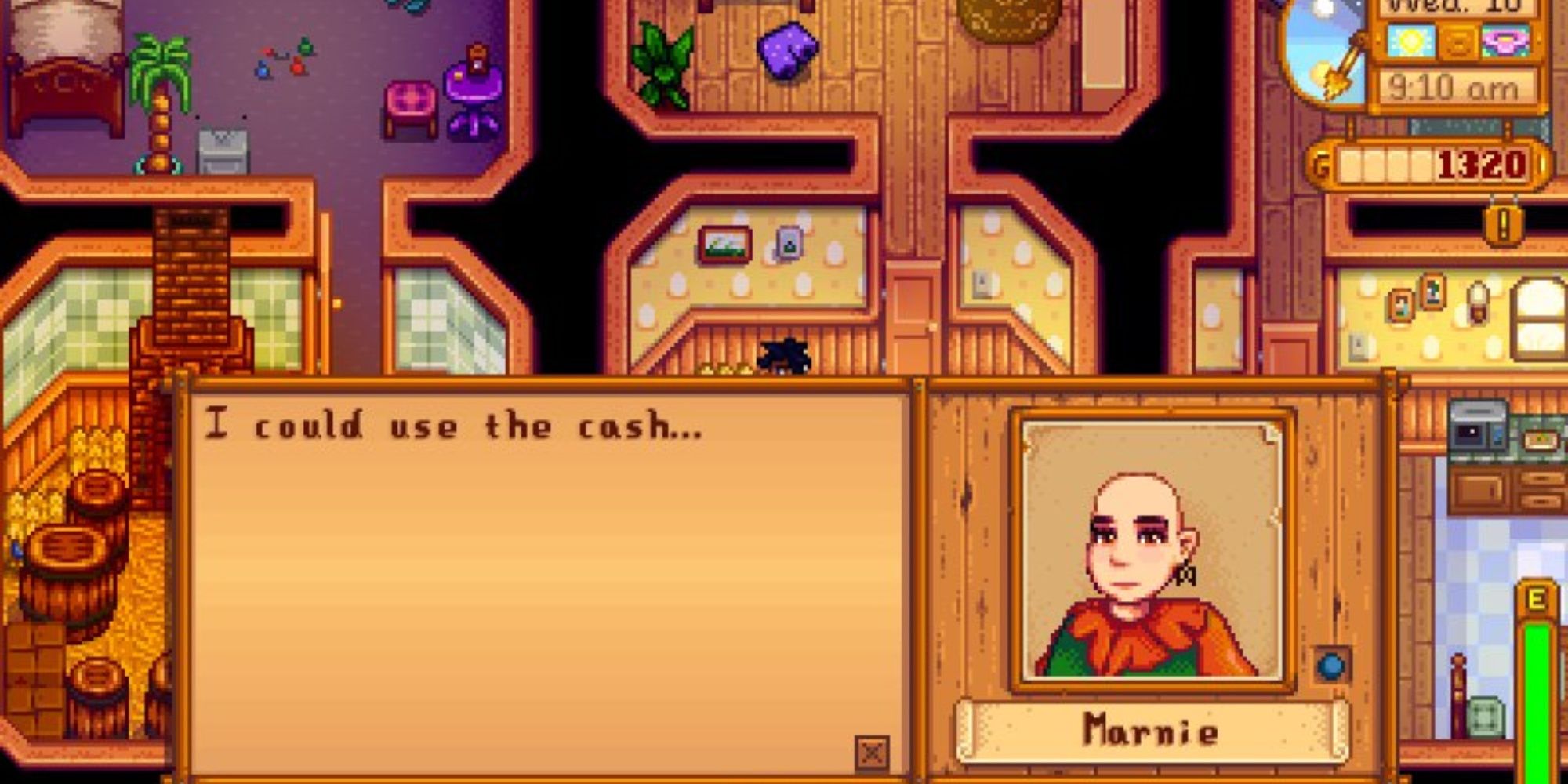 Stardew Valley, Bald Marnie telling the player that she could use some cash during an interaction