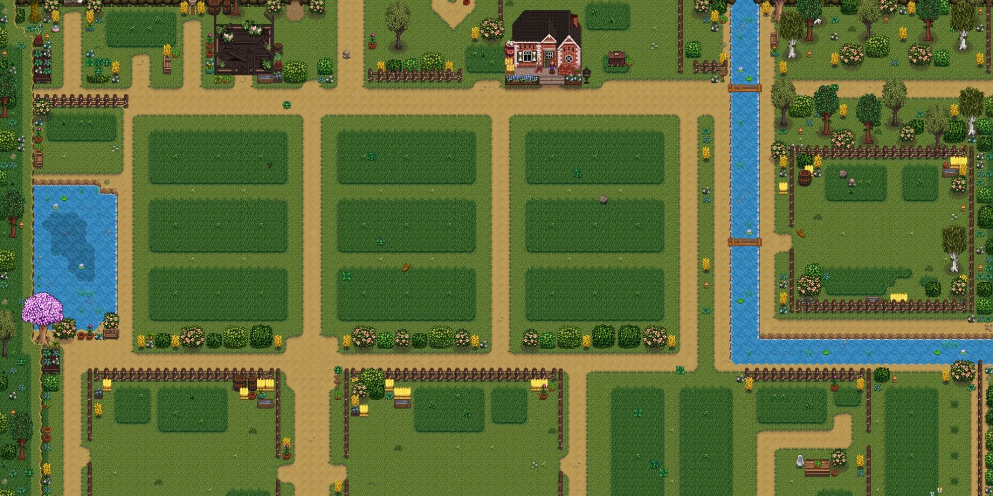 A Stardew Valley farm map that's very organized and well kept