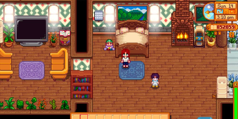 Stardew Valley Customizable Baby and Children Farmer stands in the middle of the room, with a green haired baby to the left, and a purple-haired toddler to the right