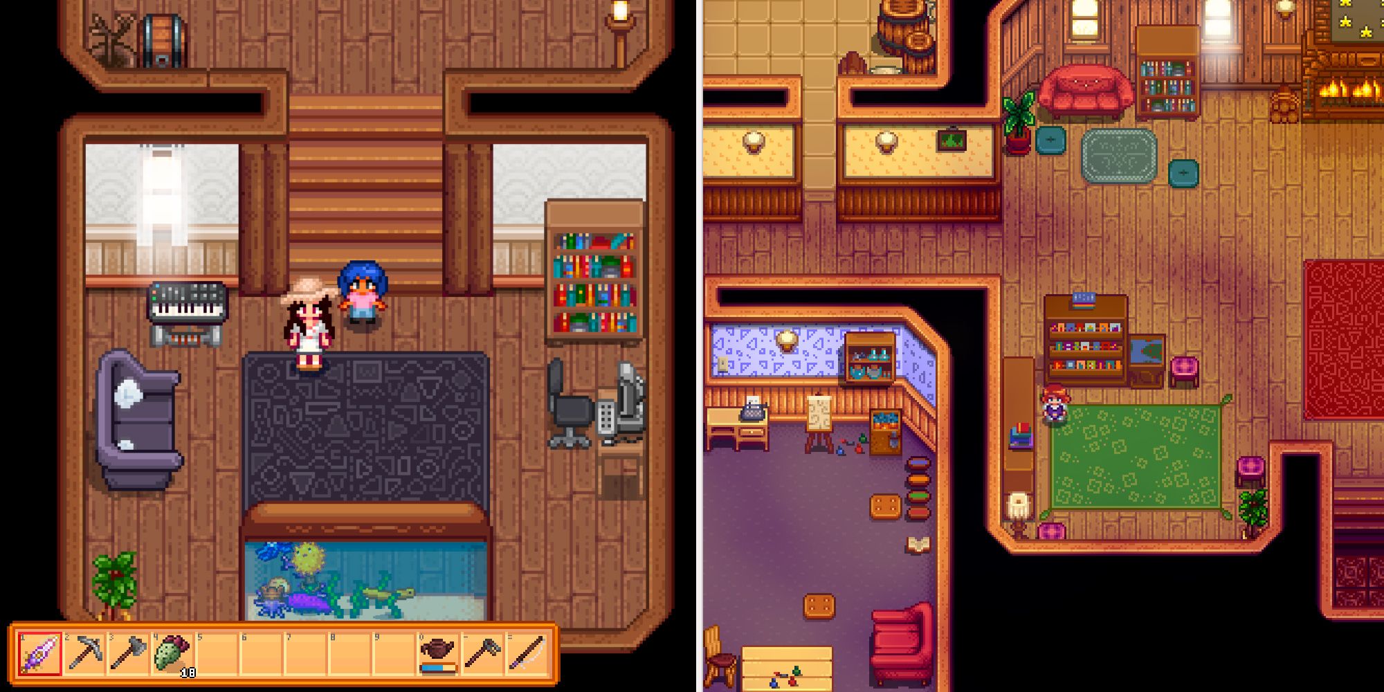 Stardew Valley Customized Children Immersive Spouses Left: Farmer stands with blue-haired child; Right: Penny sits alone in the community center