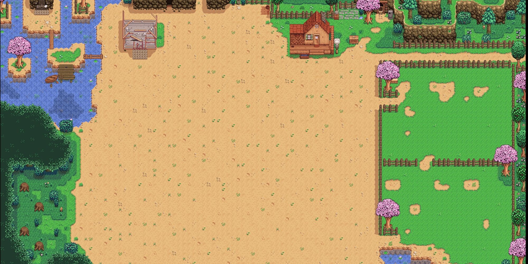 A Stardew Valley Farm map featuring a large plot of land, two animal pens, a lake, and a forest clearing
