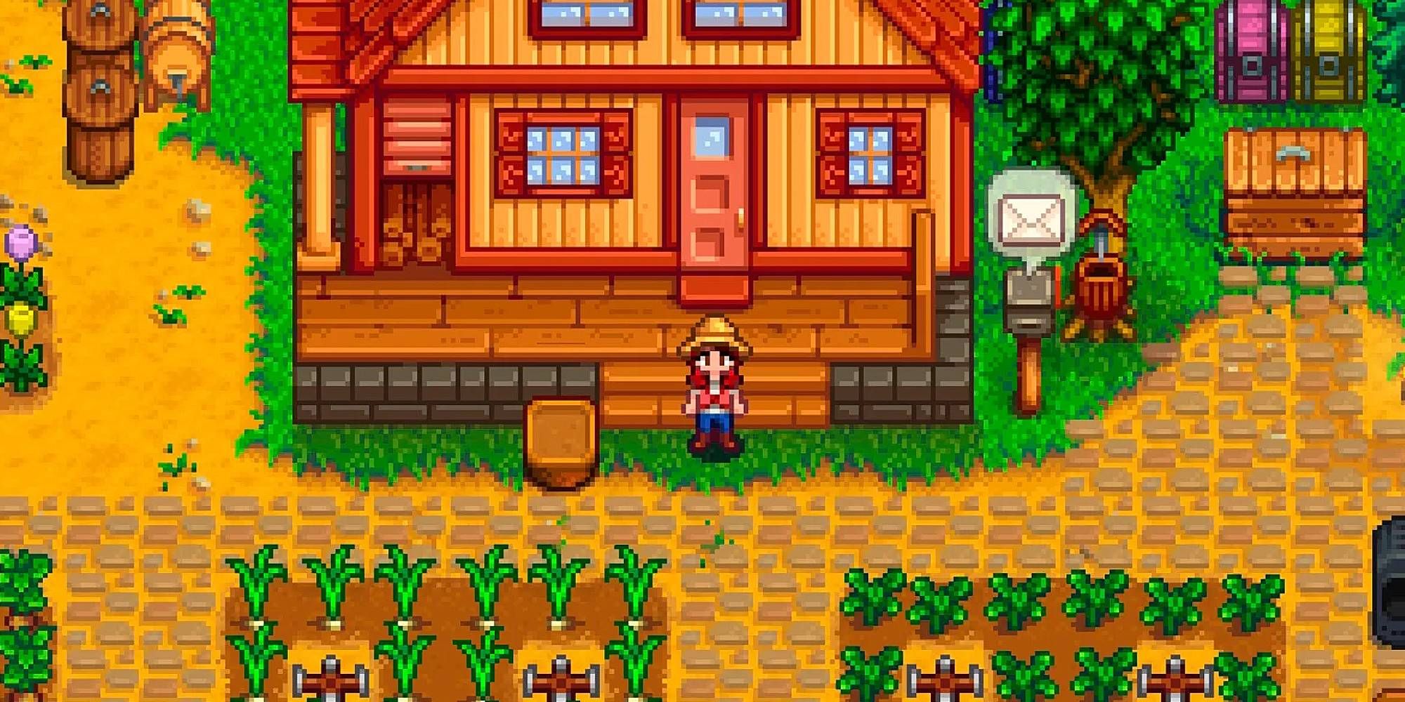 A woman stands in front of a farmhouse and by a mailbox in Stardew Valley.