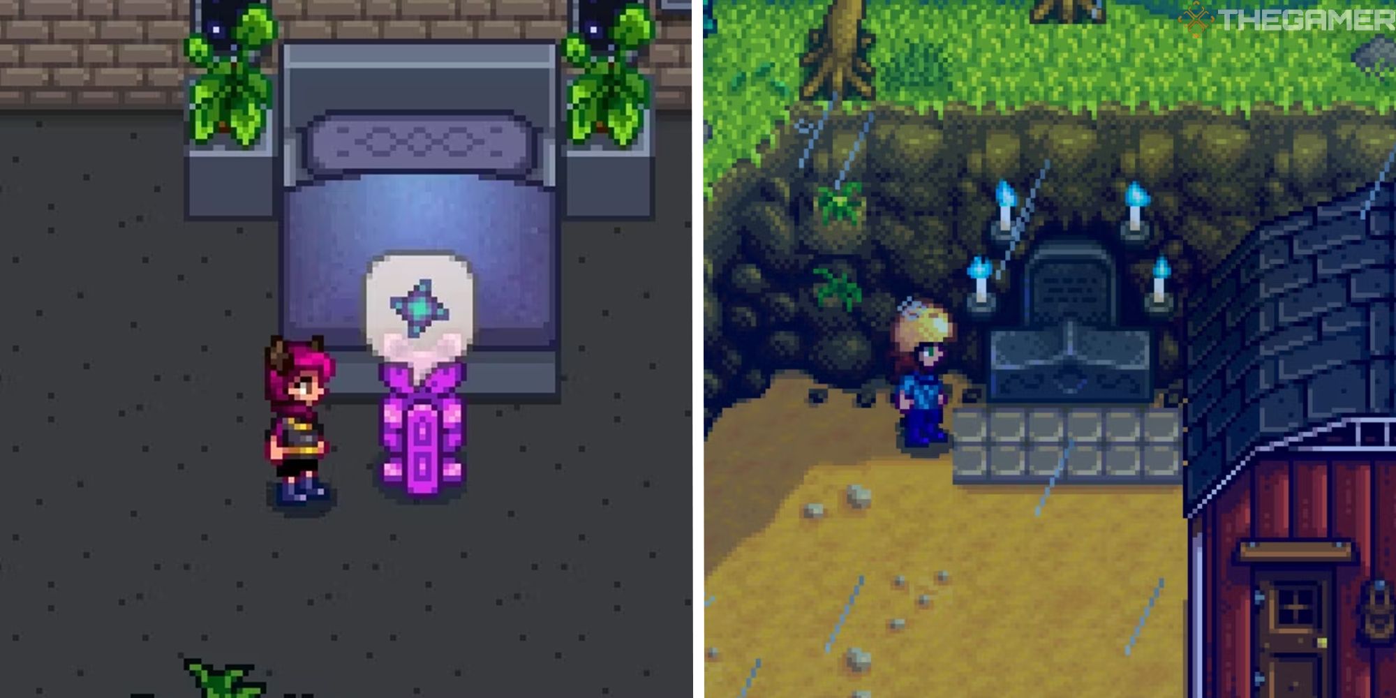 split image showing statue of perfection next to image of player at grandpas shrine