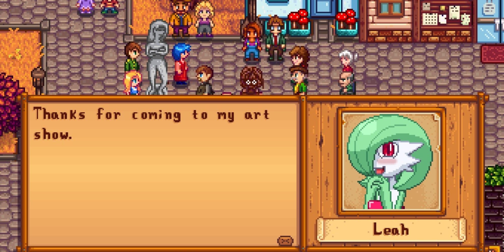 Stardew Valley, Leah as Gardevoir hosting her art show and welcoming everyone during her eight-heart event scene