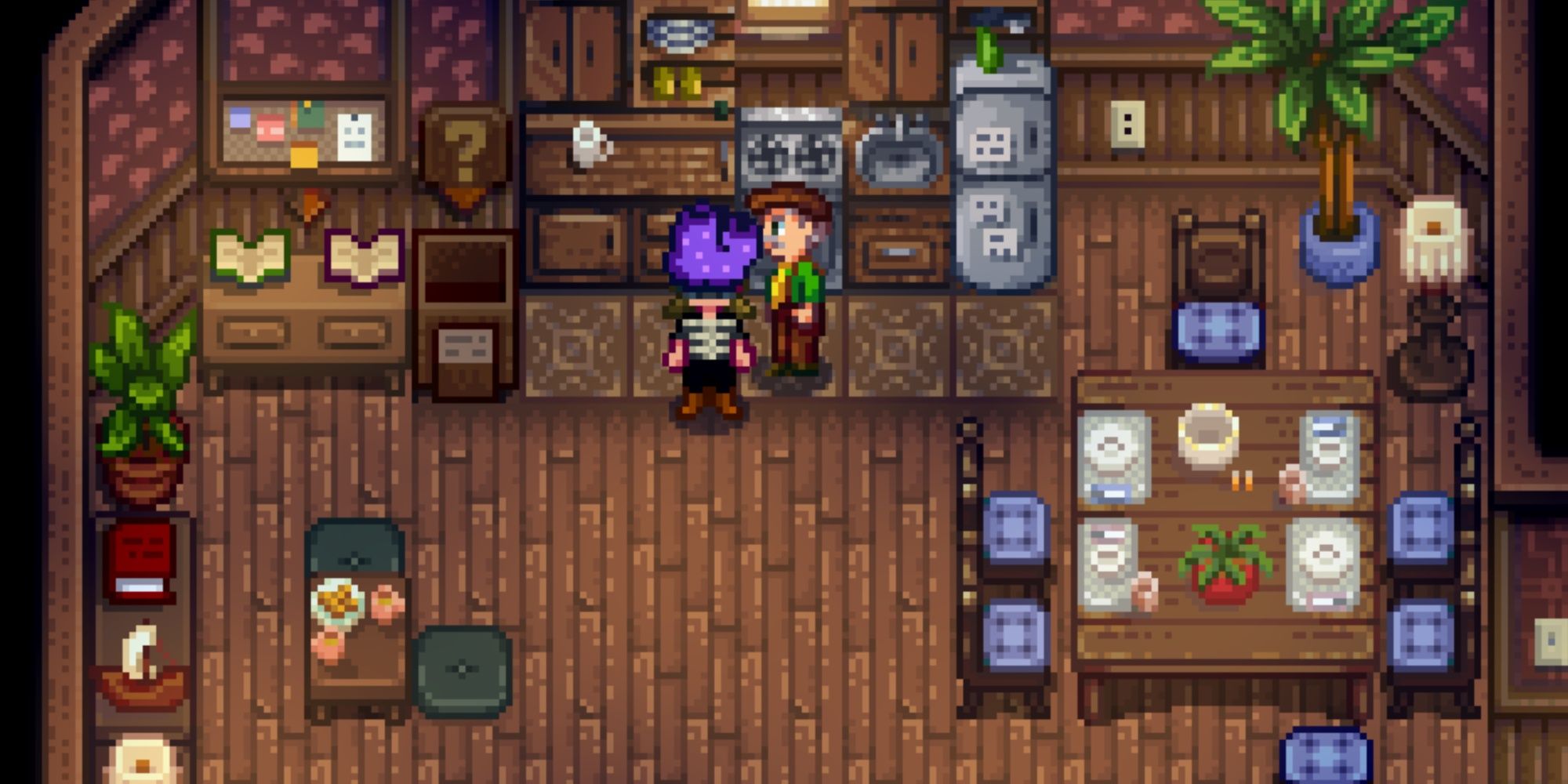 Stardew Valley, Lucky Purple Shorts as a hat mod, standing next to Luis with the lucky purple shorts on