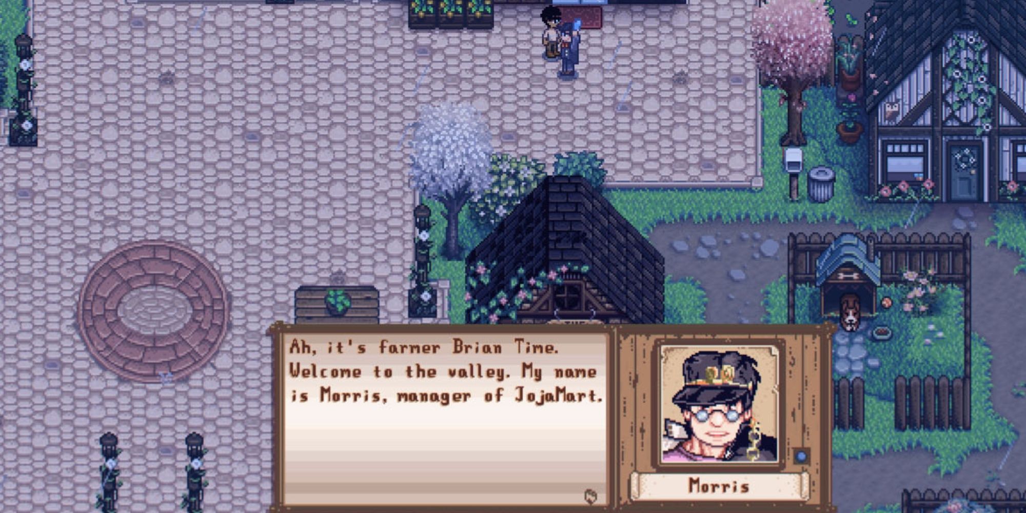Stardew Valley, Morris in the Jojomart Mod as Jotaro Kujo introducting himself to the farmer as the manager of jojamart.